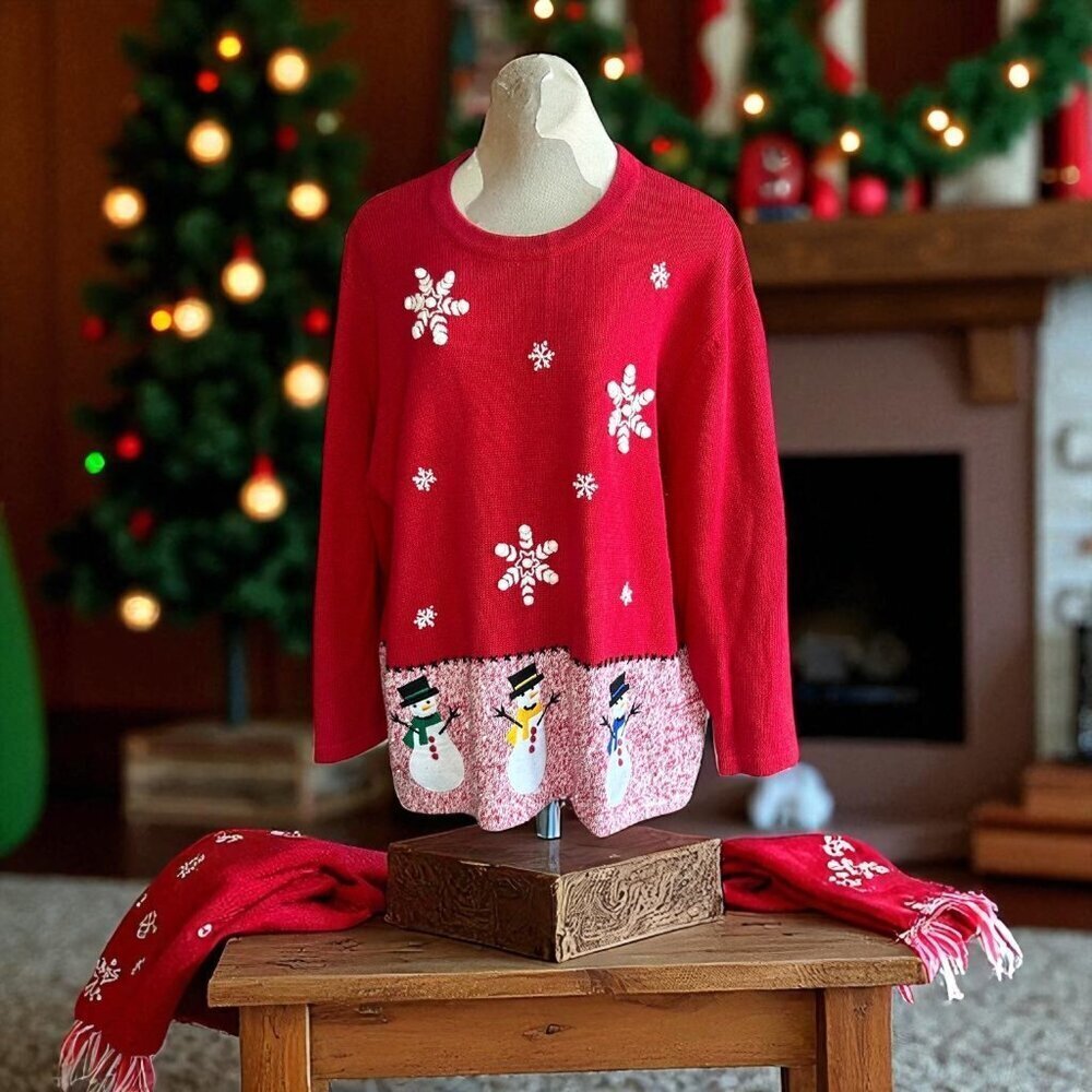 Vintage Christmas Holiday Red Snowmen and Snowflakes Size 3X Victoria Jones